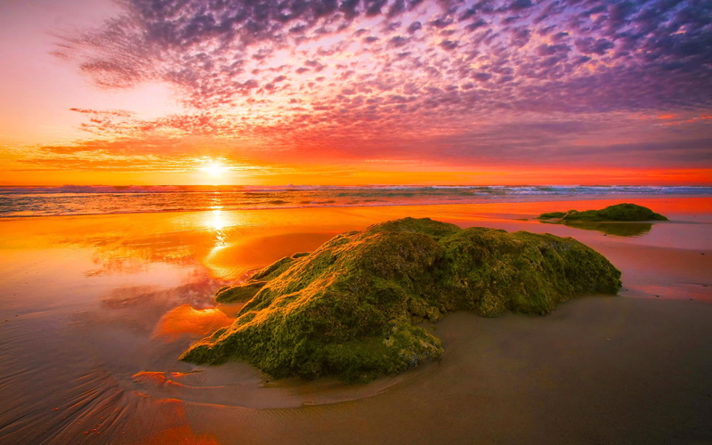 sunrise, miss, rocks, reflection, clouds, beach, 1080P, 3d and abstract