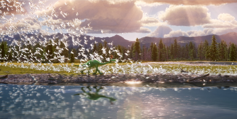 sunset, outdoors, reflection, Brachiosaurus, sunlight, cloud - sky, tree, sky, lens flare, water, mountain, The Good Dinosaur, scenics - nature, nature