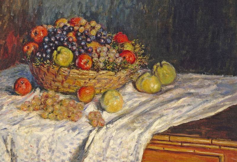Still life with Apples and Grapes, table, Claude Monet, tablecloth, picture, 2K