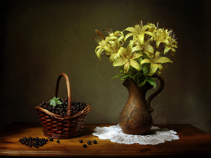 still life, vase, flowers, basket, berry, table, Lily, yellow, 1080P, currants