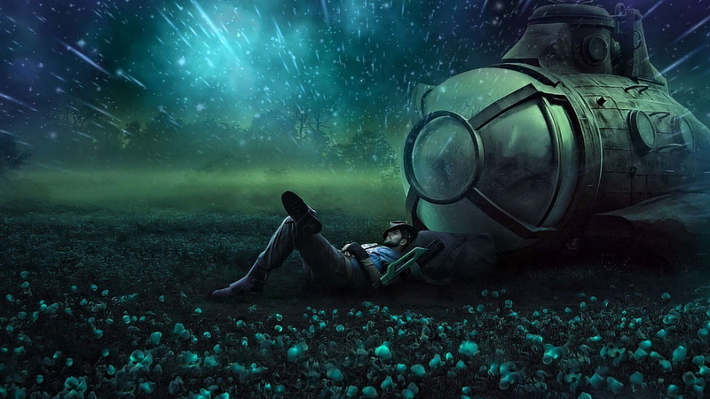 sleeping man, dreams, the radiance of the stars, calm, fantasy, submarine, sleep, 1080P, stay, glowing flowers, traveler, night