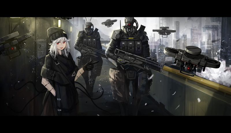 industry, game, reflection, protection, government, 2K, auto post production filter, gun, robot, occupation, red eyes, digital composite, anime girls