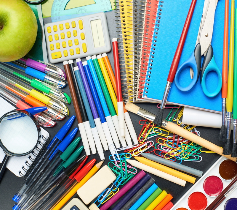 Apple, crayons, brush, magnifier, the office, clip, markers, line, eraser, Notepad, notebook, paint, scissors, school, pencils, handle, 5K, calculator