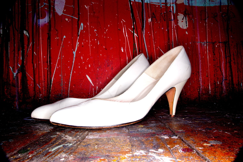 close-up, pump, stiletto, wooden, arts culture and entertainment, splatter, wood - material, art, fashion, brown, hardwood floor, table, day, pair, white