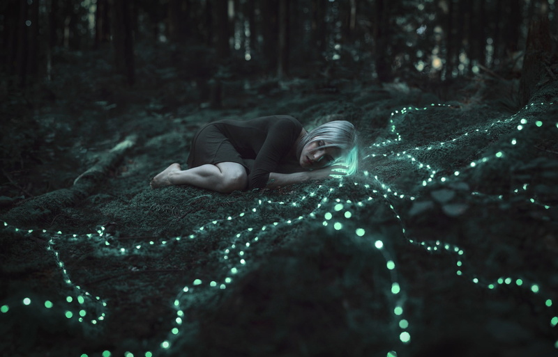 forest, glowing, nature, adult, young women, fetal position, young adult, one person, land, relaxation, real people, lying down, full length, indoors, 1080P