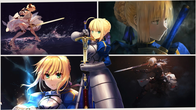 girls with swords, 4K, picture-in-picture, Saber, Fate Series, anime, Fate/Stay Night: Unlimited Blade Works, anime girls, Fate/Stay Night, artwork