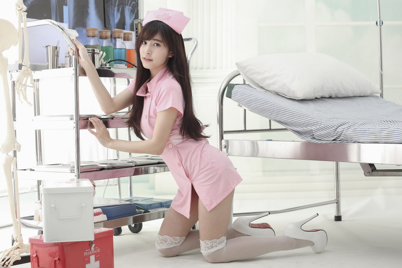 Asian, stockings, uniform, costume, nurse, women, pose, 1080P, pink, bed, s