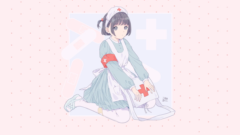 anime girls, 1080P, anime, nurses, simple background, kneeling