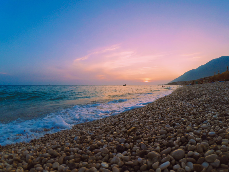 nature, scenics - nature, idyllic, 4K, solid, rock, beach, stone - object, land, pebble, horizon over water, albania, dhermi, surface level, tranquil scene