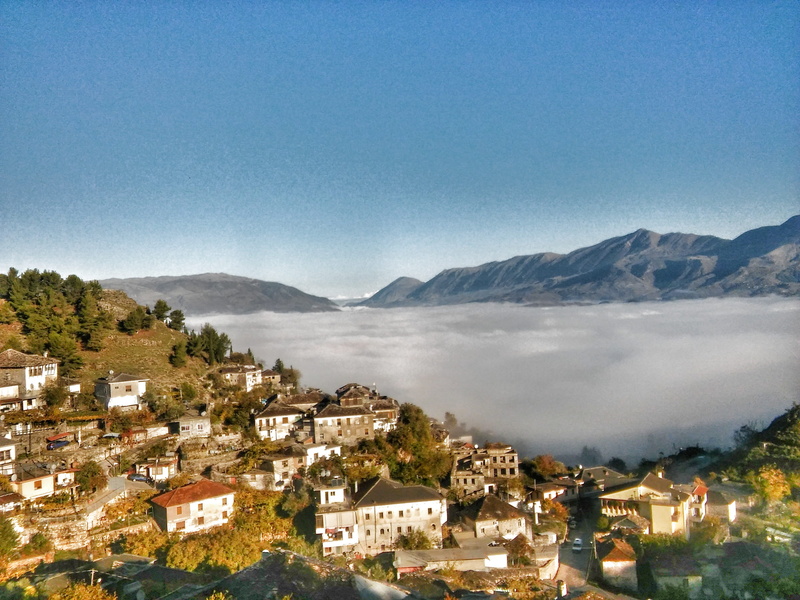 sky, town, 2K, scenics - nature, albania, building exterior, gjirokastra, built structure, nature, mountain range, topulli house, architecture, building