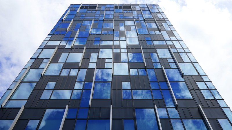 glass, modern, office, contemporary, built structure, futuristic, facade, architectural design, low angle shot, tall, glass items, 5K, low, finance, perspective