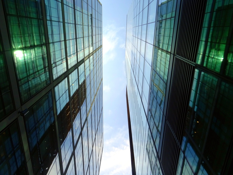 reflection, futuristic, built structure, tall, architecture, office, city, facade, outdoors, exterior, low angle view, offices, downtown, finance, business