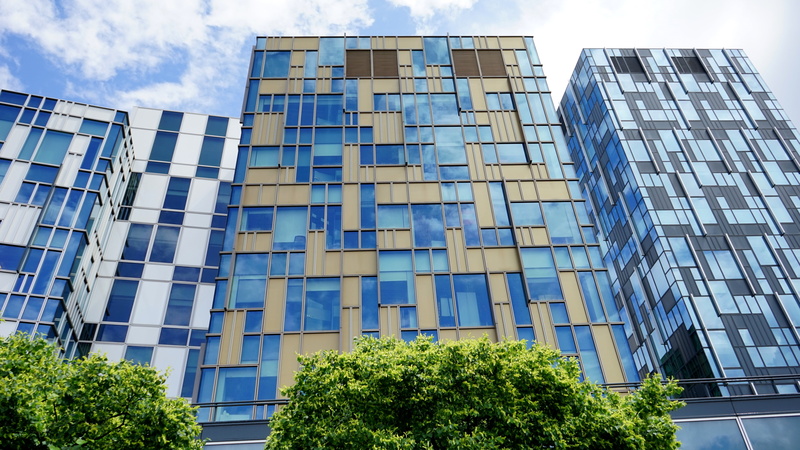 outdoors, exterior, view, built structure, facade, blue, commercial, day, building, skyscraper, sky, high-rise, structure, downtown, design, city, 5K