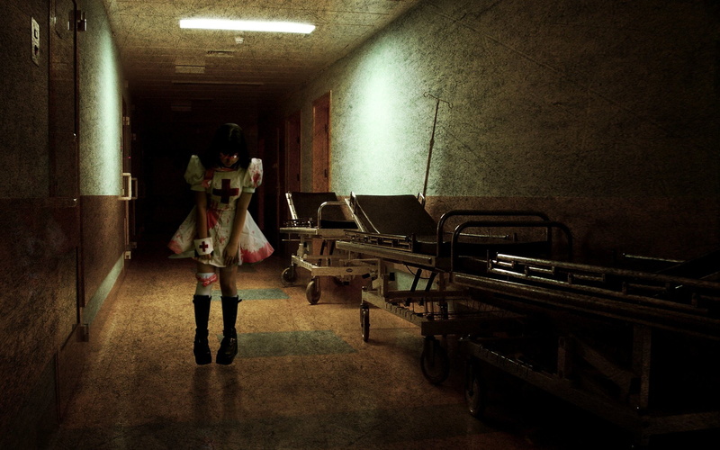 Blood, Door, Dark, hallway, woman, Hospital, beds, White, Horror, Child, 1080P, Cross, Women, Nurse, near, Bed, standing, Red