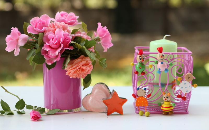 Pink, Rose, Flowers, 1080P, Candle, Toy