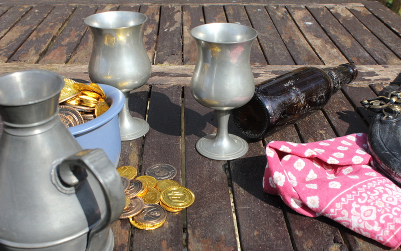 handkerchief, wood - material, flagon, bottle, bandana, 4K, pirate, gold coins, pistol, steel, kitchen utensil, food, day, alloy, thieves, hoard, ransack