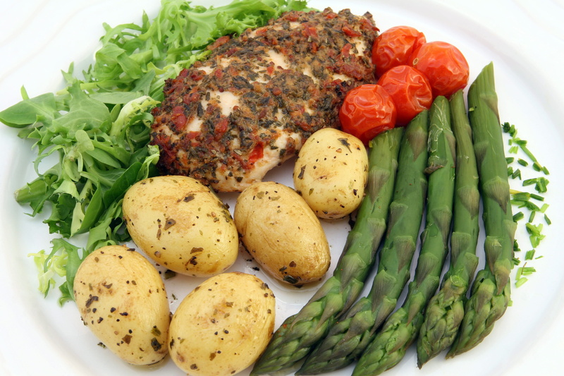 supper, herbs, vegetables, wellbeing, dinner, catering, vegetable, chicken, garnish, diet, closeup, food and drink, potato, 2K, green color, fast, fruit