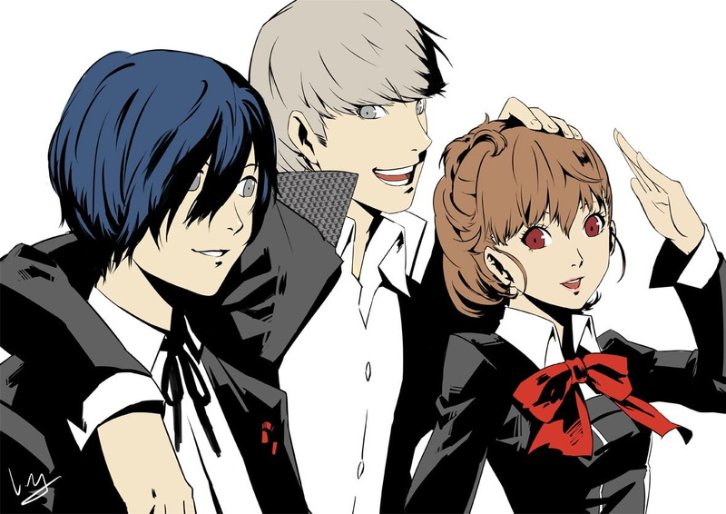 Persona 4, white background, 480P, clothing, Persona 3, art and craft, male likeness, studio shot, disguise, Persona 3 Portable, no people, close-up, female likeness
