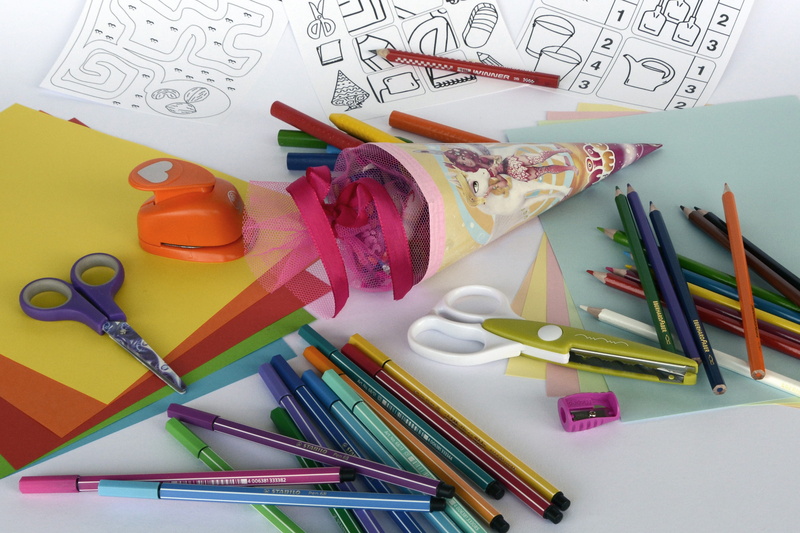 table, creativity, scissors, 4K, brush, colour pencils, stationery, school launch, colored pencils, colorful paper, pointed, schultüte, education, craft