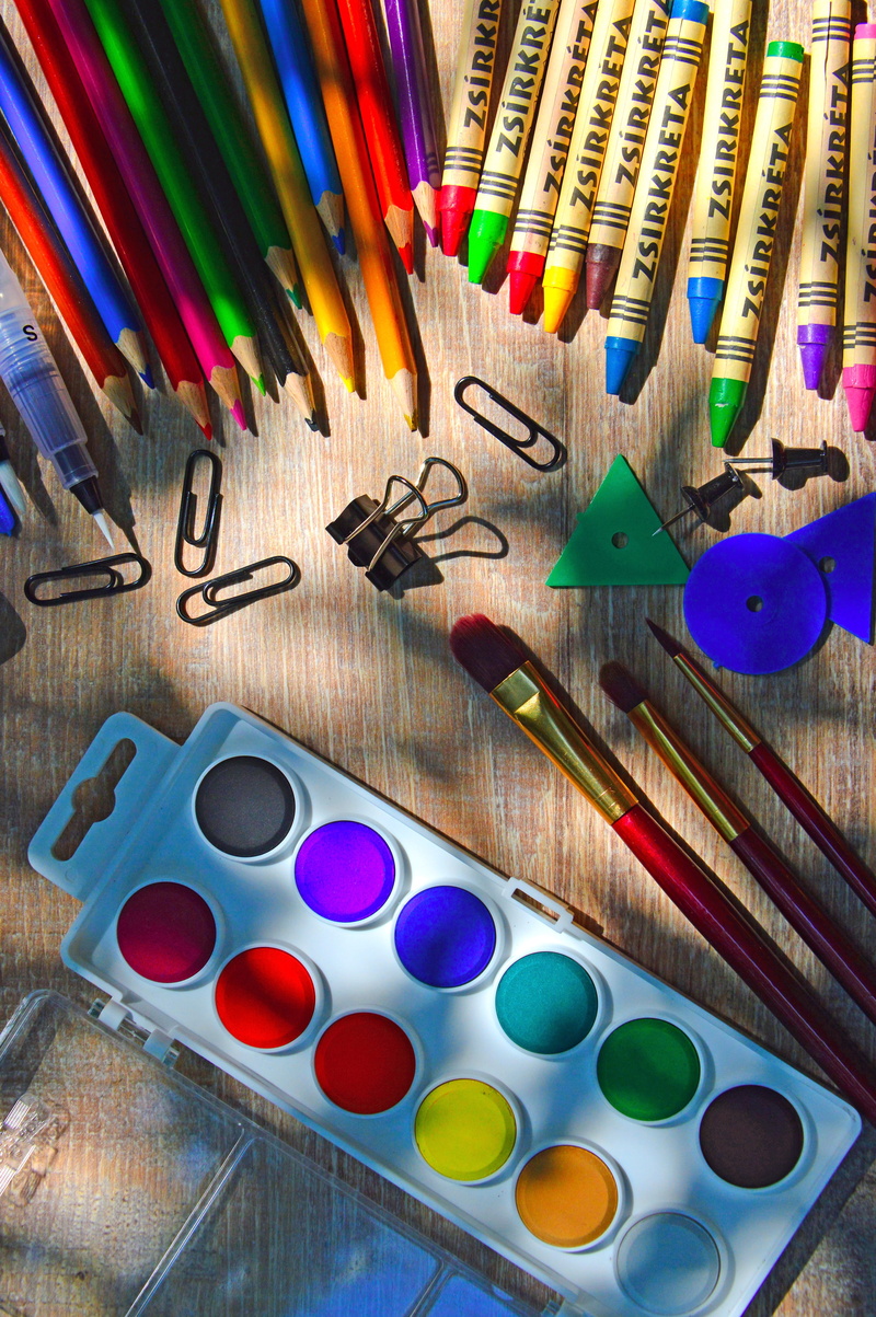 creativity, school starts, art and craft, no people, color, high angle view, watercolor, still life, paintbrush, craft, table, brush, watercolor paints