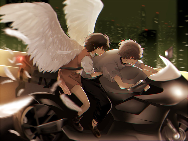 angel wings, leisure activity, nature, outdoors, real people, full length, skyscraper, clothing, motorcycle, Mishima Lisa, 1080P, Hisami Touji, women