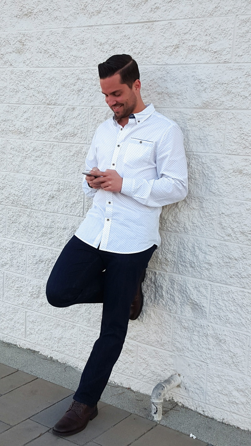 young men, connection, han, outdoors, mobile phone, business person, handsome, cellphone, people, white wall, shirt, wearing, one Person, only men, dotted