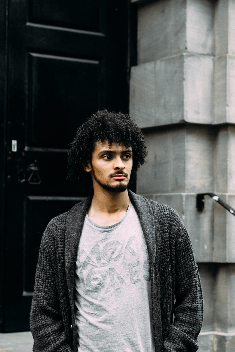 front view, people, hairstyle, guy, standing, young Adult, back, 5K, cardigan, one young man only, indoors, shirt, casual Clothing, grey, one Man Only