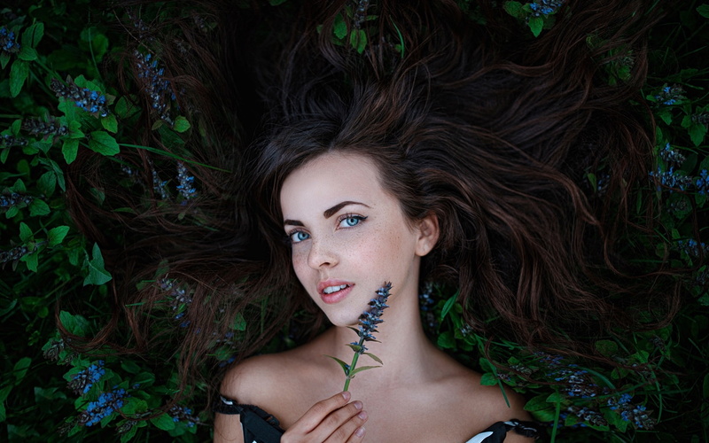 1080P, Fairy, Flowers, s, Freckles, black, Girl, Forest, hair, women