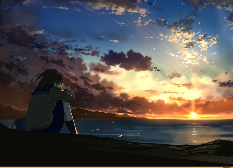 horizon, anime boys, feelings, 1080P, nature, sky blue, sunrise