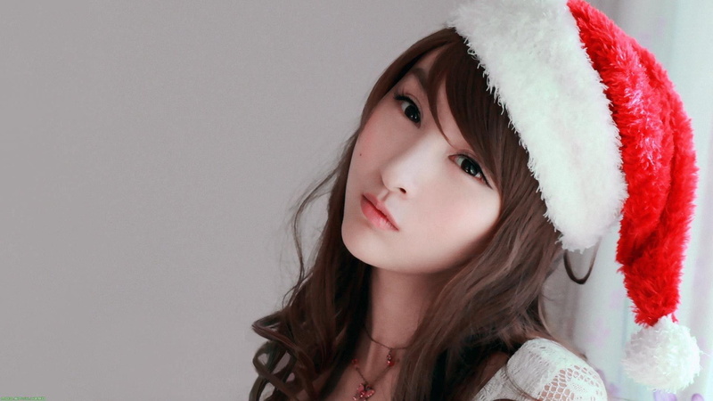 wearing, girl, red, hat, santa, woman, 1080P, girls, merry christmas, brunette, christmas, 1920x1080, white