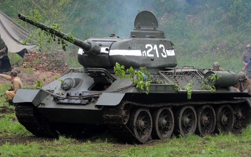 government, transportation, field, conflict, army, plant, vehicle, aggression, tree, 1080P, grass, T-34-85, armored tank, rail transportation, land, day