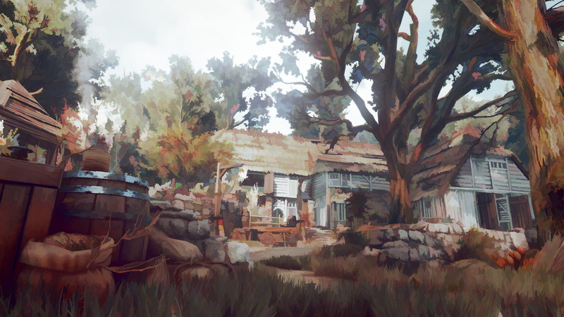 house, tranquility, autumn, brown, screen shot, sky, The Witcher 3: Wild Hunt, table, painting, wooden, no people, growth, building exterior, framed, nature