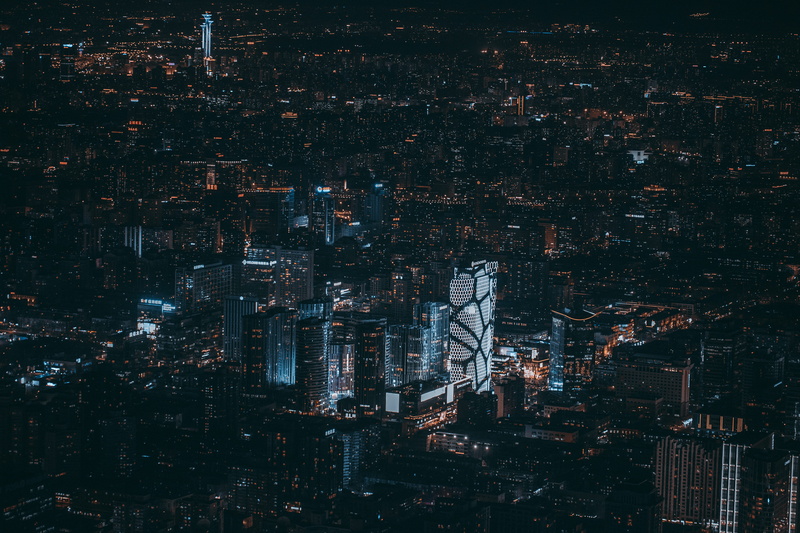 building exterior, illuminated, architecture, building, aerial, view, time, high, outdoors, rise, china, photography, 5K, high angle view, built structure