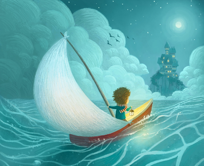 Illustration, Adventure, Digital Art, colored, boat, boy, holding, 4K, 2K, Kid, Castle, Lantern, Moon, Drawing, Sailing