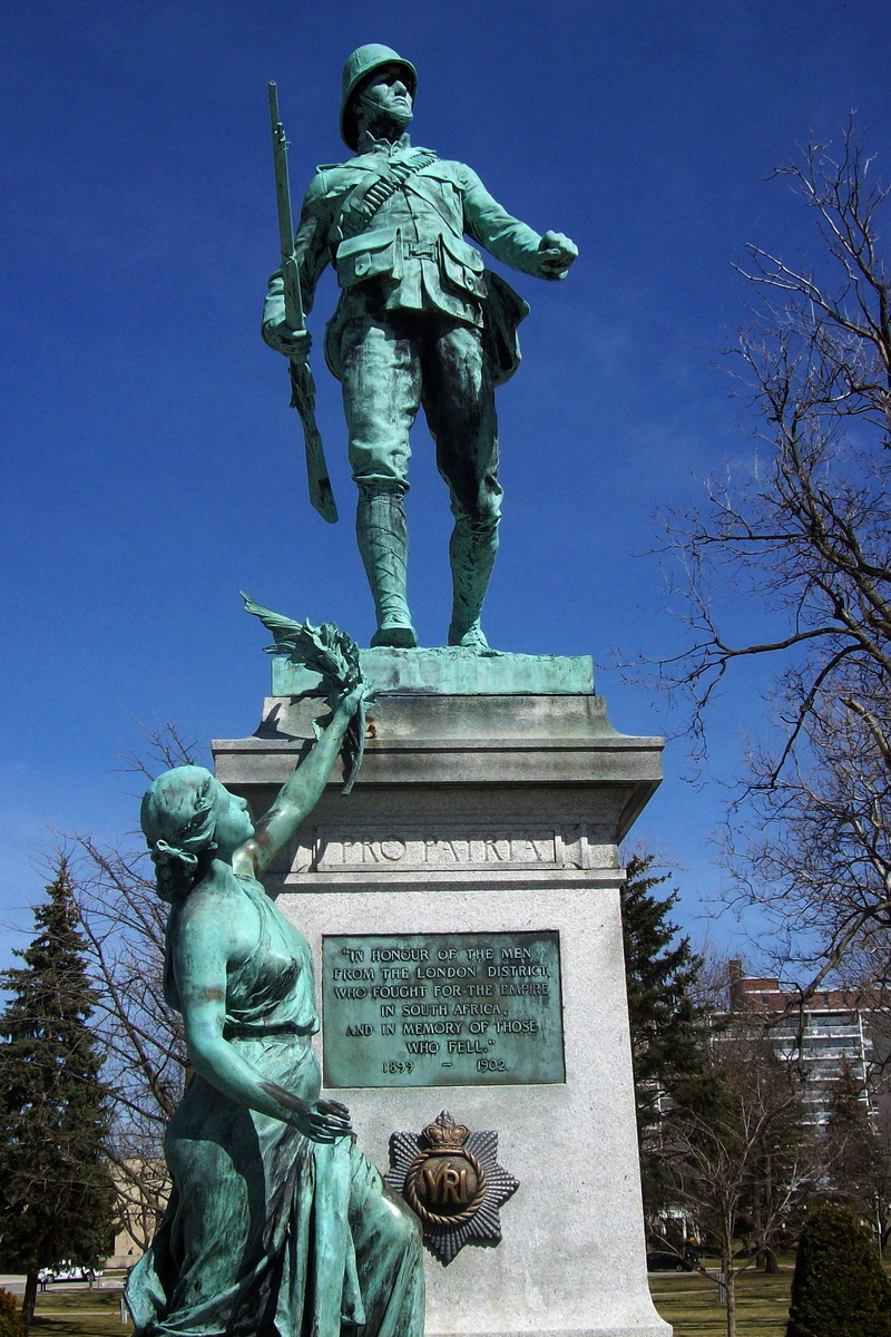 architecture, nature, memorial, travel destinations, Boer War, sculpture, park, statue, history, outdoors, Ontario, female likeness, boer, London, representation