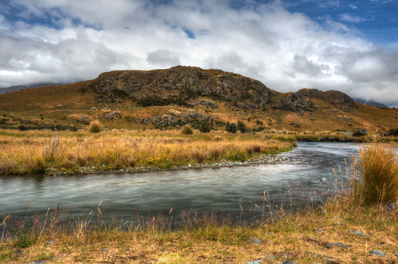 river, outdoors, grass, landscape, tranquil scene, tranquility, cloud - sky, water, grasslands, day, nature, no people, long exposure, 4K, new zealand