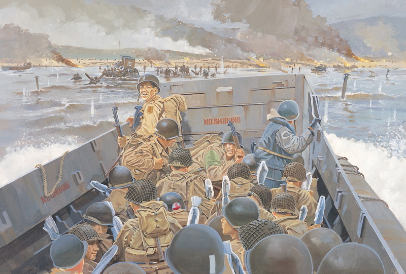 Howard Gerrard., the channel, Union, forces, D-Day, warship, shelf, invasion, artist, second, landing, painting, WW2, was, opening, soldiers, 1st, front