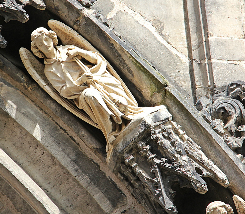 representation, human representation, detail, outdoors, statue, cultural monument, dom, landmark of aachen, charles the great, stone angel in the window arches