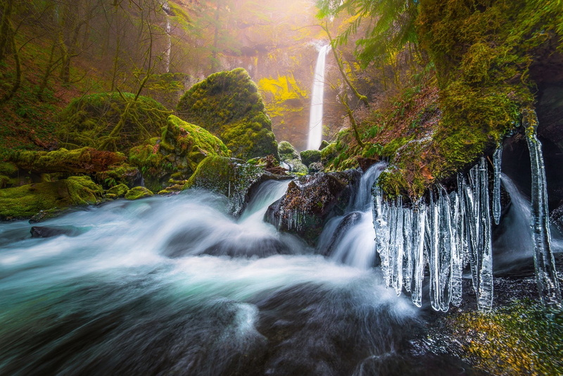 nature, 720P, coated, scenics - nature, river, non-urban scene, frost, waterfall, power in nature, Oregon, cold, landscape, black, land, beauty in nature