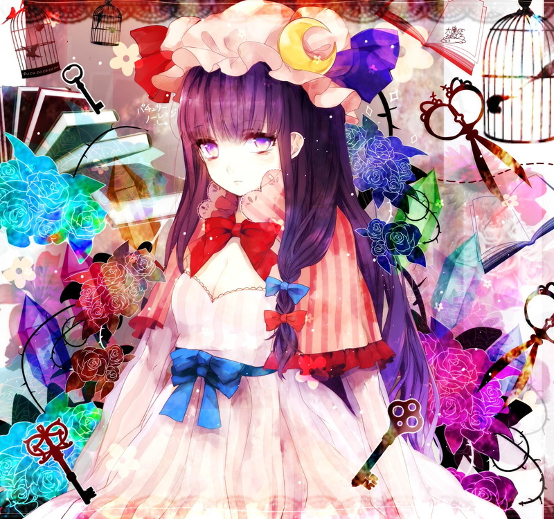 crystal, Touhou, Patchouli Knowledge, birds, cages, anime girls, 720P, flowers, anime, keys