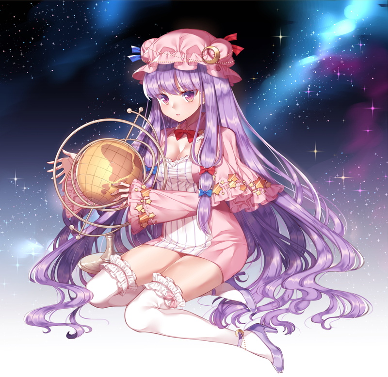 Touhou, 4K, thigh-highs, Patchouli Knowledge, heels, cleavage, dress