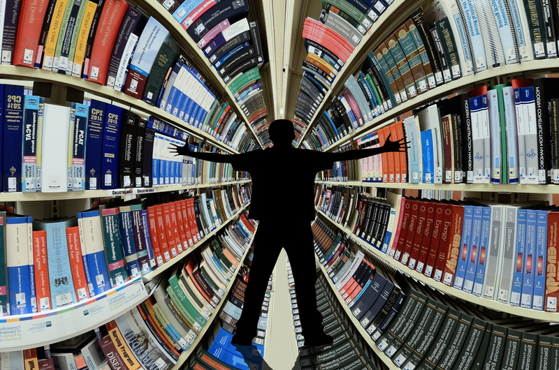 built structure, leisure activity, lifestyles, wisdom, research, arms outstretched, study, indoors, books, knowledge, book, data, library, silhouette, learning