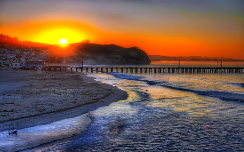 sunset, wave, mountain, wisdom, bridge, 1080P, colorful, 3d and abstract, beach, houses