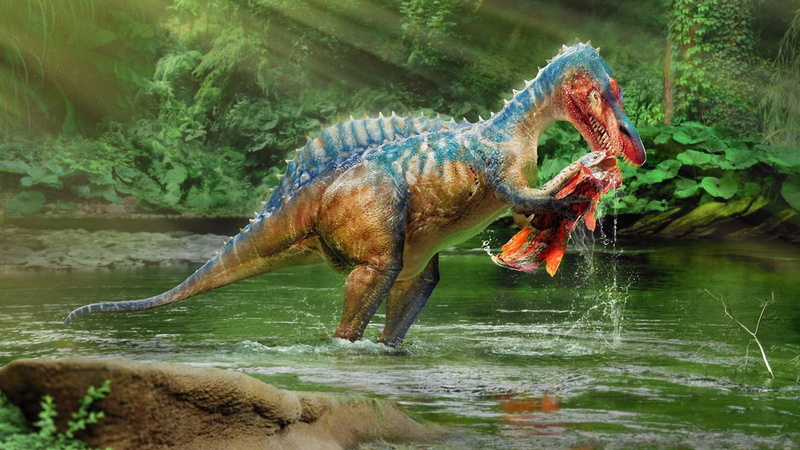 dinosaur, hunting, brown, fish, animals, food, river, 1080P, blue