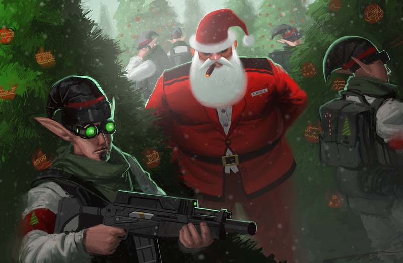 elves, gun, artwork, armed forces, protection, real people, clothing, group of people, headwear, santa, weapon, day, security, outdoors, dark humor