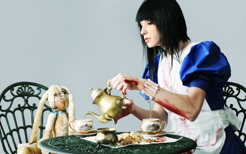 adult, dark humor, black hair, model, food and drink, representation, table, food, waist up, young adult, preparation, indoors, 2K, kitchen utensil, Alice: Madness Returns