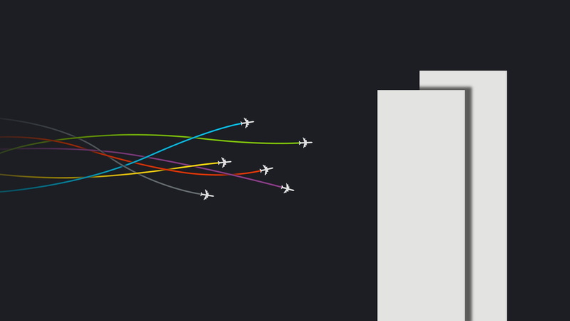 lines, multi colored, black background, global communications, airplane, connection, white color, illuminated, gray, flying, no people, motion, Twin Towers
