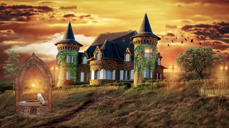 owl, fantasy art, 4K, castle, well