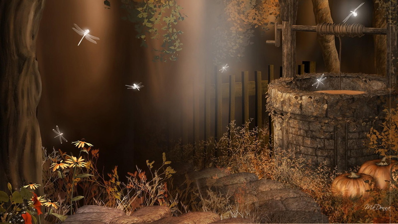 fall, gothic, woods, trees, 1080P, dark, well, fairy tale, grass, wishing, evening, fence, mysterious, flowers, harvest
