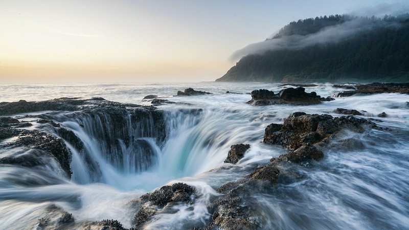 Thors Well, waterfall, nature, horizon, sea, Oregon, 1080P